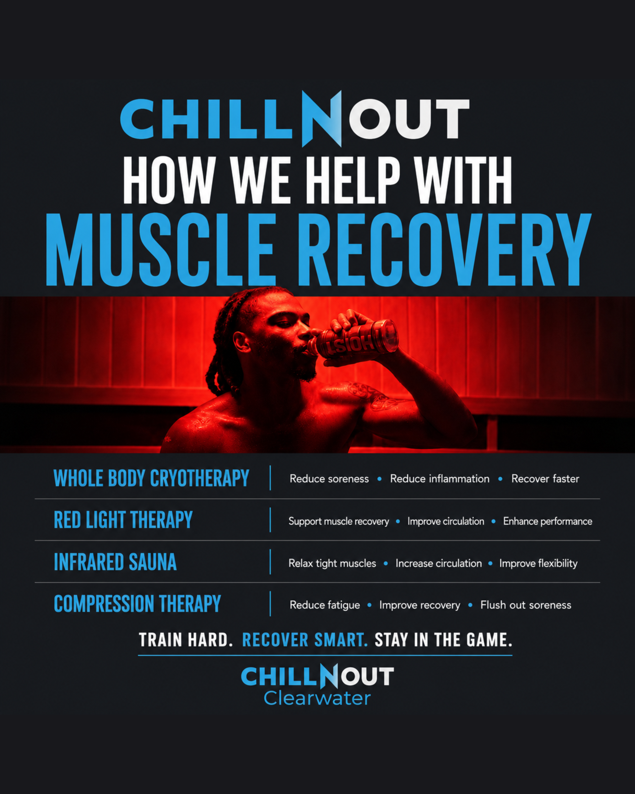 Athlete recovery guide featuring cryotherapy, red light therapy, infrared sauna, and compression therapy for faster muscle recovery, sports recovery, and athletic performance in Clearwater, Florida.
